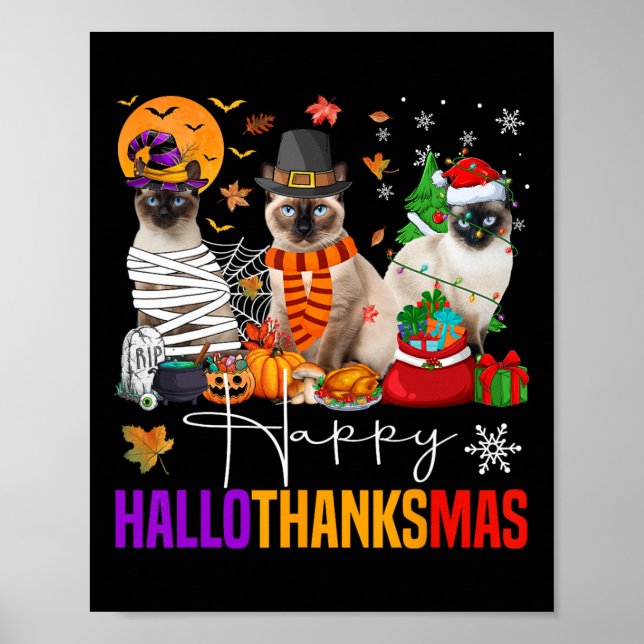 Affiche Hallothanksmas Chat Siamese Halloween Thanksgiving (Devant)