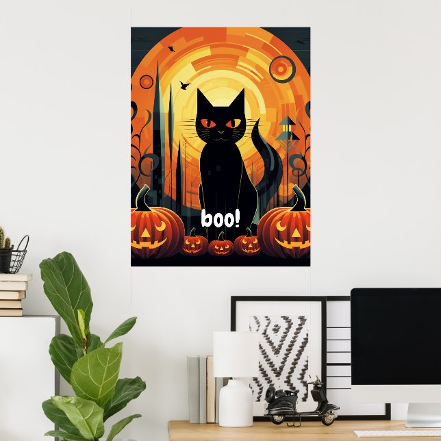 Affiche Halloween Abstrait Chat noir et design Citrouille (Bureau à domicile)