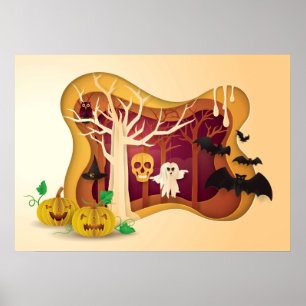 Affiche Halloween Arbre Papercut Fantôme et crâne