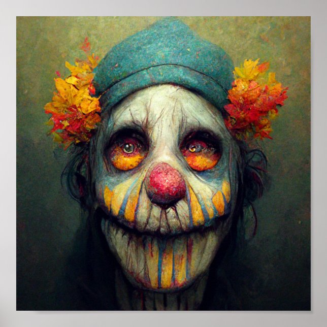 Affiche Halloween Art. Triste et Clown effrayant. IA créée (Devant)