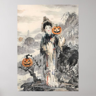 Affiche Halloween asiatique mystique - Aquarelle