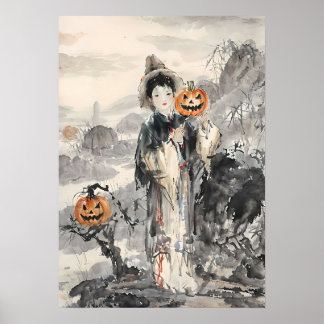 Affiche Halloween asiatique mystique - Aquarelle
