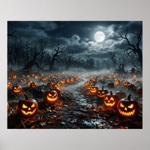 Affiche Halloween avec des arbres effrayants et des citrou