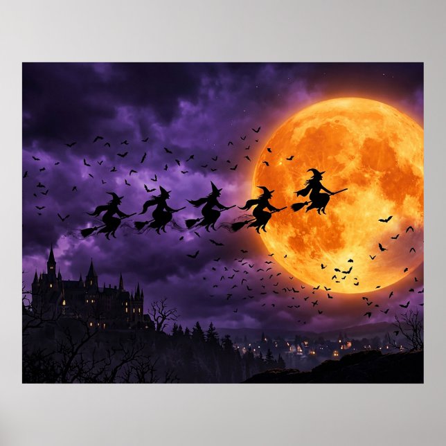 Affiche Halloween avec Lune et Sorcière (Devant)