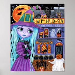 Affiche Halloween Bash Black Chat mignonne sorcière hantée