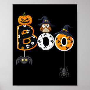 Affiche Halloween Boo Owl Avec Sorcière Casquette Araignée