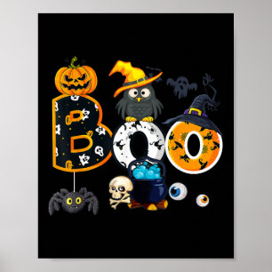 Affiche Halloween Boo Owl Avec Sorcière Casquette Araignée