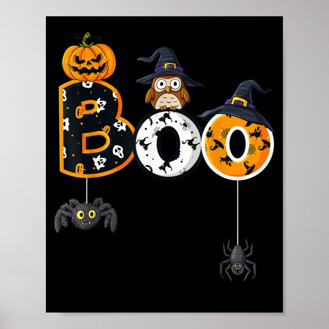 Affiche Halloween Boo Owl avec sorcière Casquette araignée (Devant)