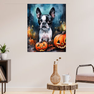 Affiche Halloween Boston Terrier avec la peur Citrouille