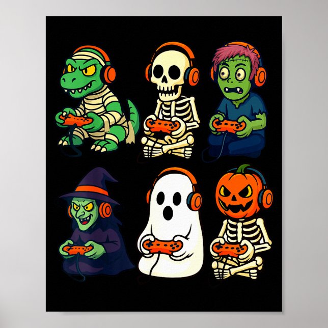Affiche Halloween Boys Kids Gamer Dinosaur Skeleton Ghost  (Devant)