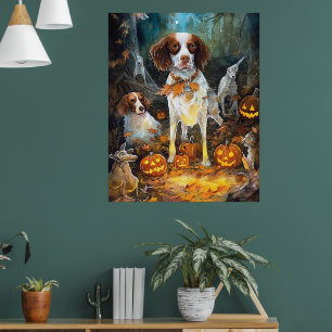 Affiche Halloween Brittany Spaniel avec citrouilles effray