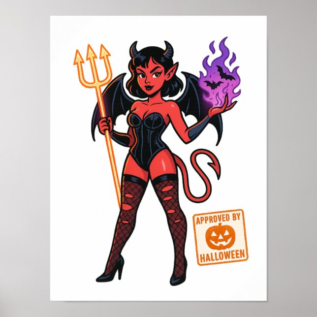 Affiche Halloween Cartoon Succubus - Sombre et Jouant (Devant)