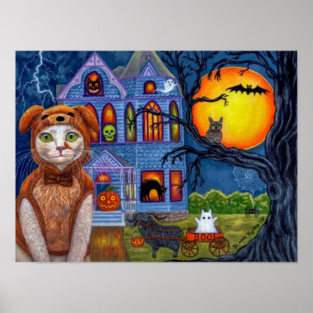 Affiche Halloween Cat Dog Costume Haunted Victorian House (Devant)