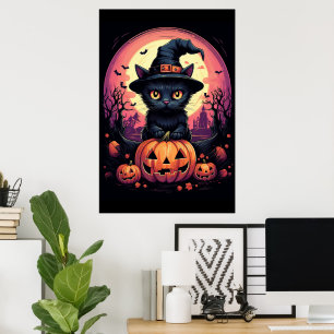 Affiche Halloween CAT noir avec Citrouille et CASQUETTE de