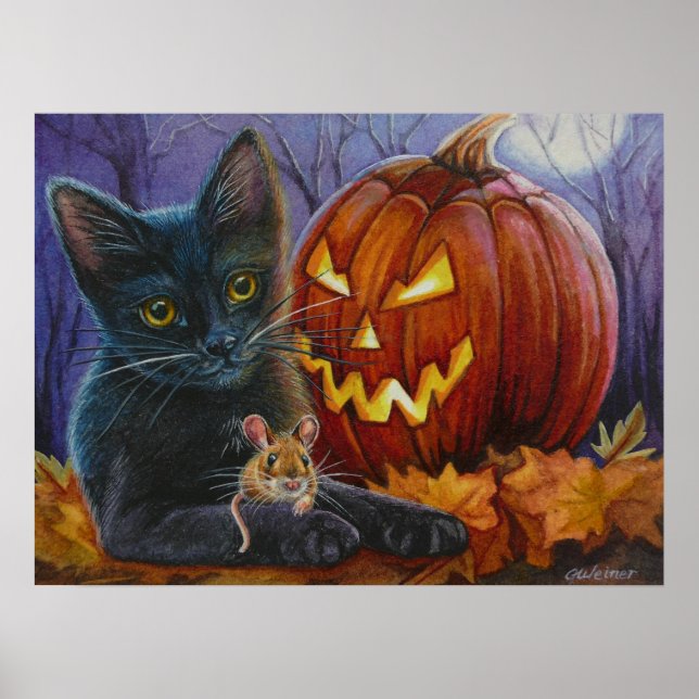Affiche Halloween Chat et Souris No. 2 Aquarelle Art 18x24 (Devant)