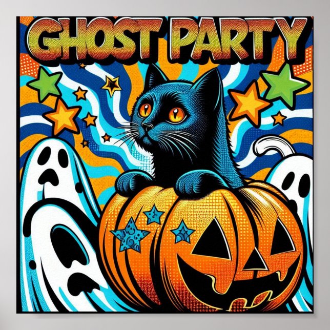 Affiche Halloween : Chat noir Éffrayant sur Citrouille (Devant)