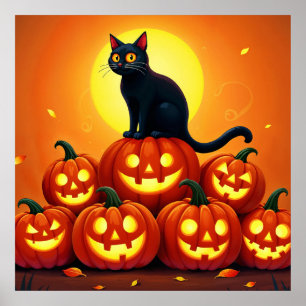 Affiche Halloween chat noir mignon et lanternes Jack