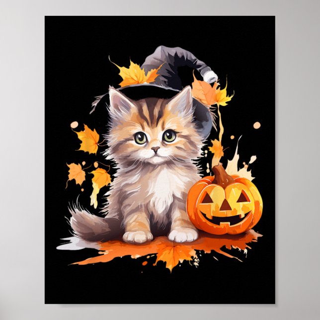 Affiche Halloween Chat Noir Sorcière Casquette Citrouille  (Devant)