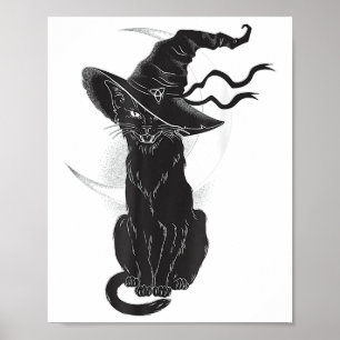 Affiche Halloween Chat Noir Sorcière Casquette Lune