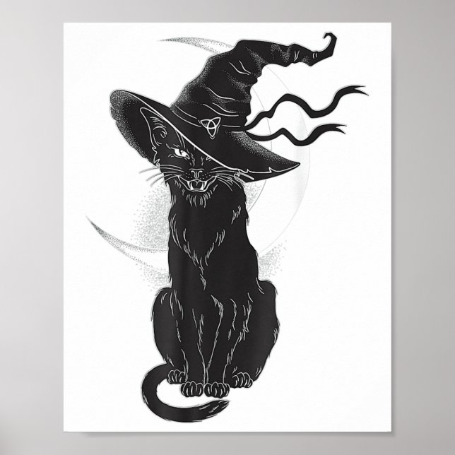 Affiche Halloween Chat Noir Sorcière Casquette Lune (Devant)