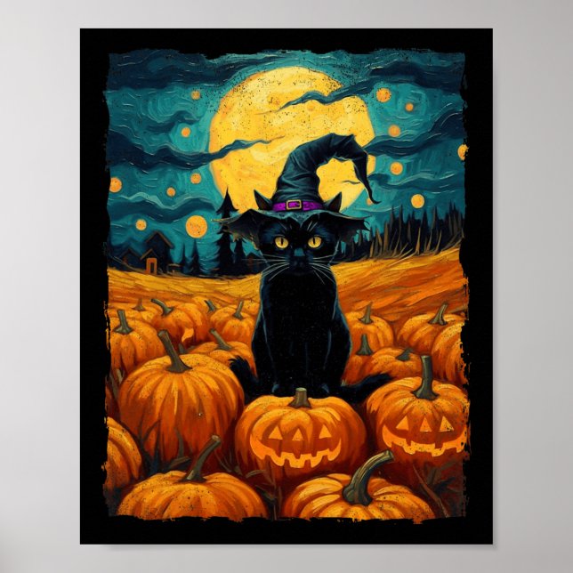 Affiche Halloween Chat noir Van Gogh Witch Kawaii Citrouil (Devant)