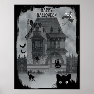 Affiche Halloween Chats Noirs sorcières et chauves-souris