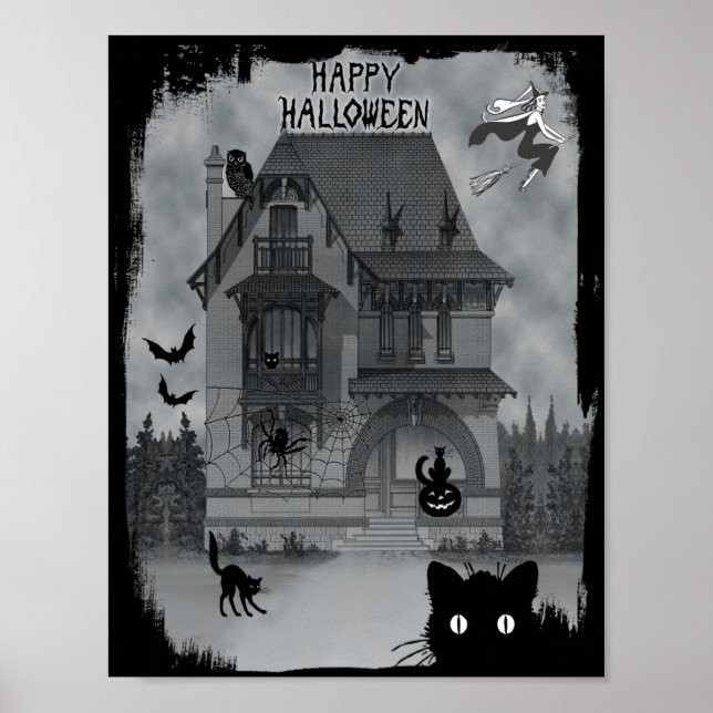 Affiche Halloween Chats Noirs sorcières et chauves-souris (Devant)
