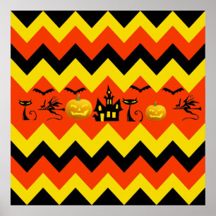 Affiche Halloween Chevron Maison hantée Chat noir Motif