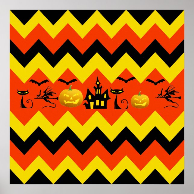 Affiche Halloween Chevron Maison hantée Chat noir Motif (Devant)