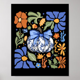 Affiche Halloween Citrouille Chinoiserie Bleu &amp; Blanc 