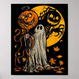 Affiche Halloween Citrouille Fantôme Automne Feuilles Art
