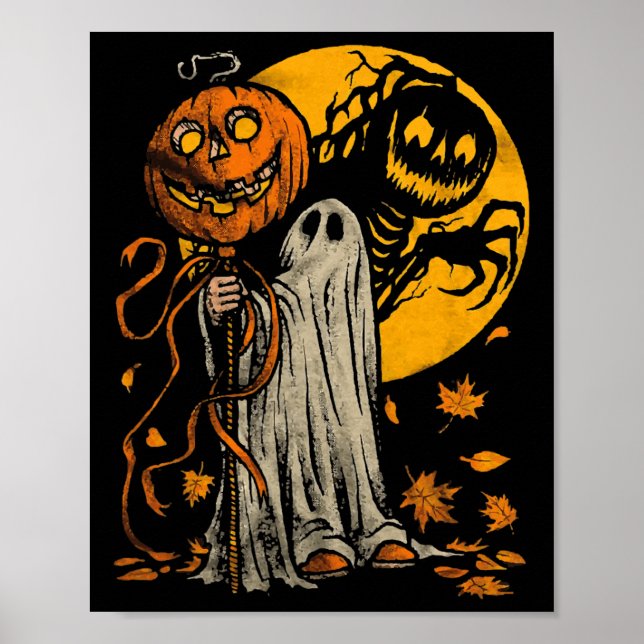 Affiche Halloween Citrouille Fantôme Automne Feuilles Art  (Devant)