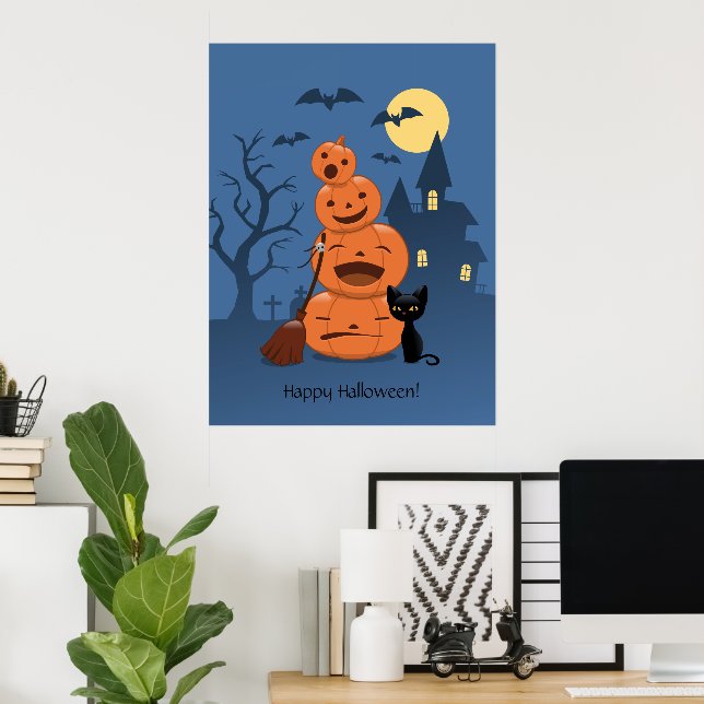 Affiche Halloween Citrouilles et chat noir (Bureau à domicile)