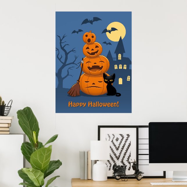 Affiche Halloween Citrouilles et chat noir (Bureau à domicile)