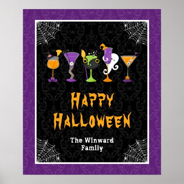 Affiche Halloween Cocktails Purple Damask Party Sign (Devant)