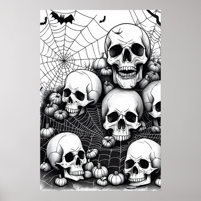 Affiche Halloween Crânes Horreur, Chauves-souris Éffrayant (Devant)