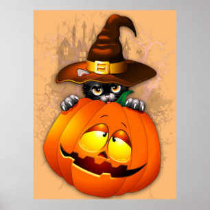 Affiche Halloween Cute Kitty Witch et ami Citrouille