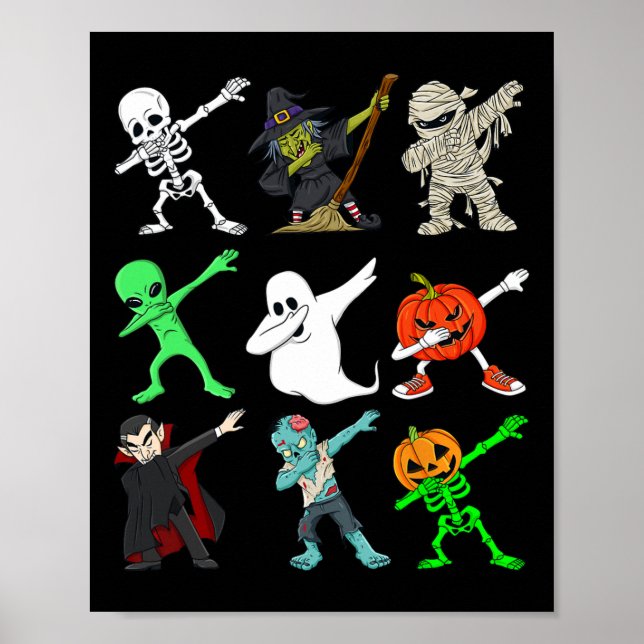 Affiche Halloween Dabbing Skeleton sorcier et monstres gar (Devant)