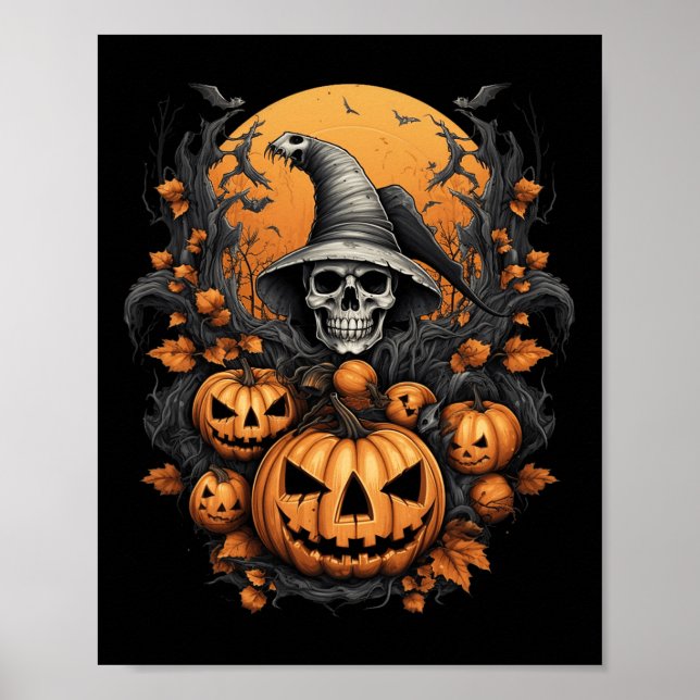 Affiche Halloween éffrayant Citrouille crâne sorcier (Devant)