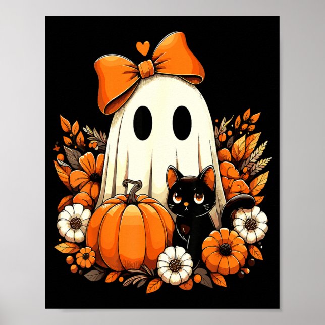 Affiche Halloween Fantôme Chat Noir Floral Groovy (Devant)