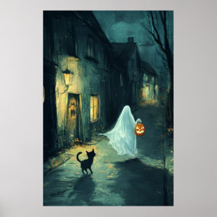 Affiche Halloween Fantôme et chat Tricot ou traitement