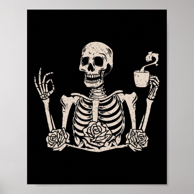 Affiche Halloween Femmes Hommes Drôle Squelette Boire Café (Devant)