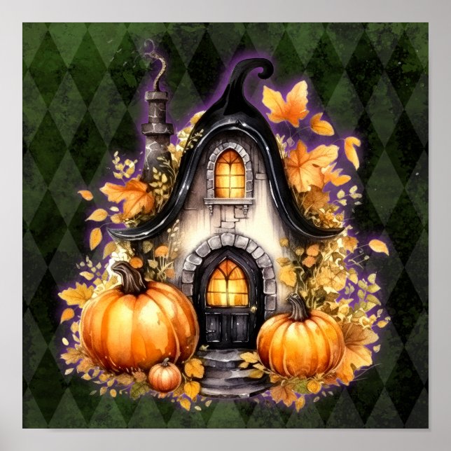Affiche Halloween Gothique Automne Fée Cottage Vert Jacqua (Devant)