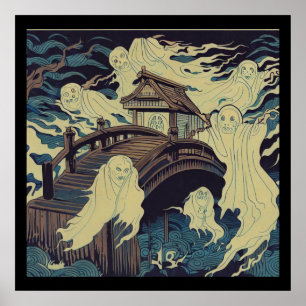 Affiche Halloween - Haunted Bridge Woodcut 4