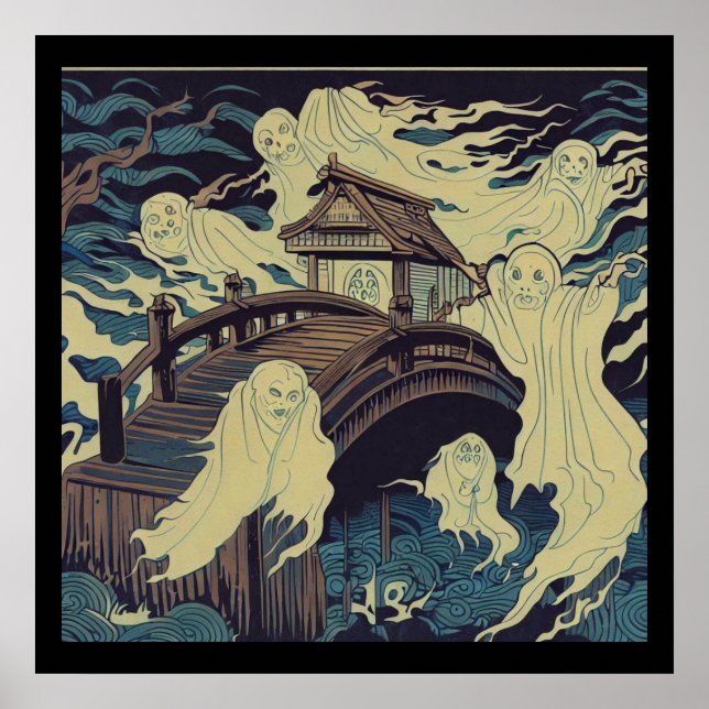Affiche Halloween - Haunted Bridge Woodcut 4 (Devant)