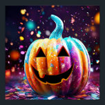 Affiche Halloween Jack O’Lantern Neon Pop Art<br><div class="desc">Non pop art d’Halloween souriant Jack O’lantern avec arrière - plan confetti violet.</div>