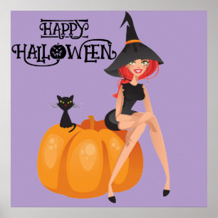 Affiche Halloween jolie sorcière Éffrayante Whimsical viol