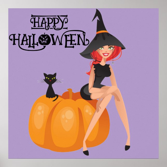 Affiche Halloween jolie sorcière Éffrayante Whimsical viol (Devant)