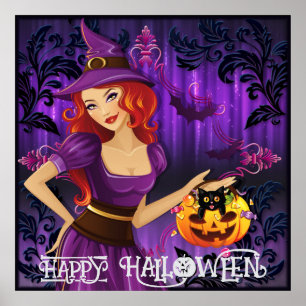 Affiche Halloween jolie sorcière Éffrayante Whimsical viol