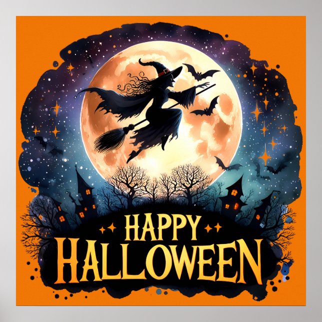 Affiche Halloween joyeuse - Sorcière en vol Broom (Devant)